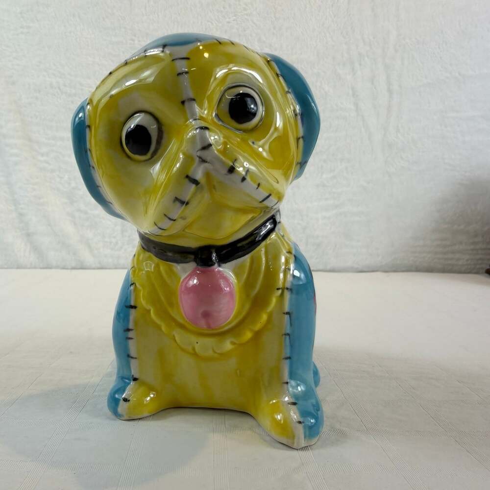 Vintage Puppy Dog Planter Trimont Ware 5" Yellow Blue Pastels Mid-Century